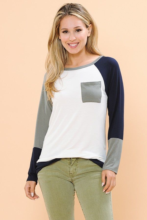 Color block tunic with front pocket. Sage, white and black
