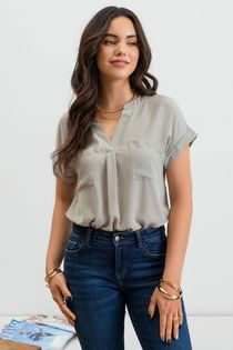 V-neck blouse in sage green with button back detail.
