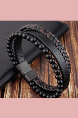 Black 3 strand wrap around bracelet; one braided strand, one beaded strand and one smooth