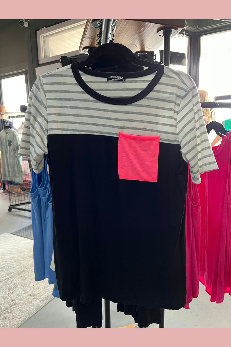 Black and white striped colorblock top with hot pink pocket.