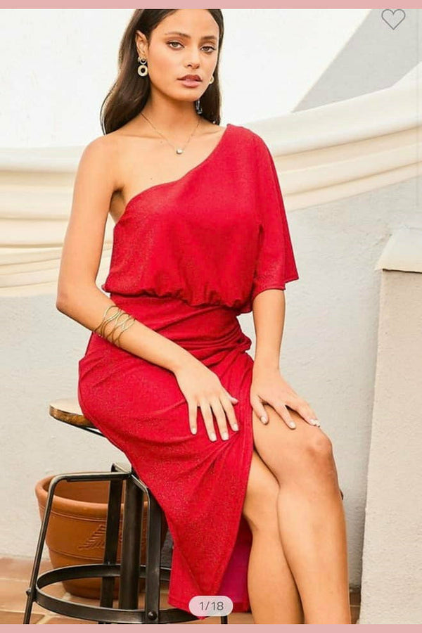 Red one shoulder dress by mainstrip