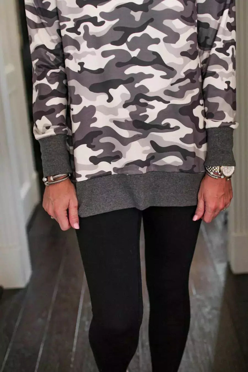 Grey camo tunic top with relaxed banded bottom. 