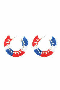 Red, white and blue tassel hoop earrings
