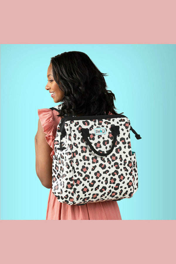 Swig backpack cooler in leopard print. 