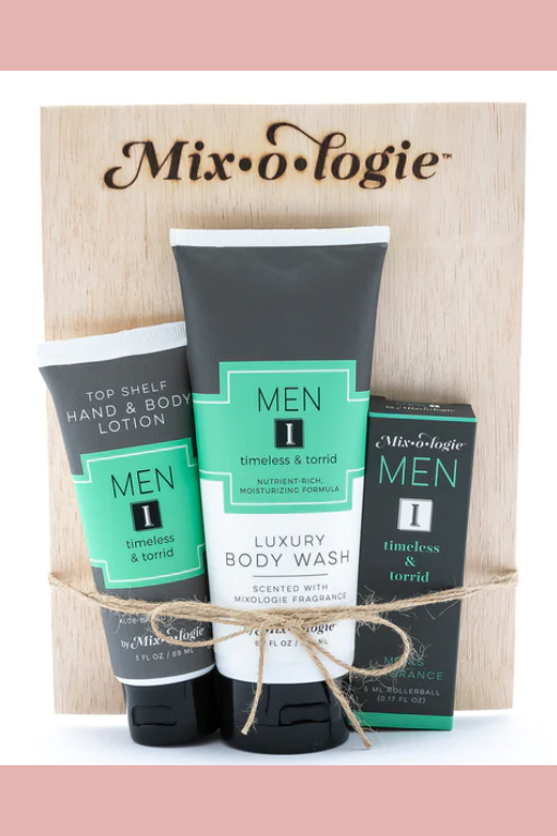 Men's timeless and torrid gift set includes, body wash, lotion and rollerball. 