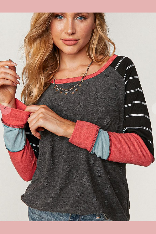 Distressed ribbed light weight long sleeve top in aqua, dark pink, charcoal, black and white. 