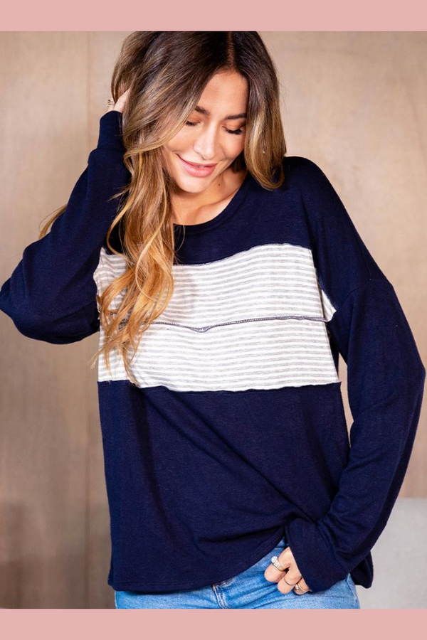 Striped contrast long sleeve top in Navy.