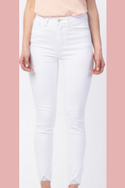 Judy blue high rise white skinny jean with distressed hem.