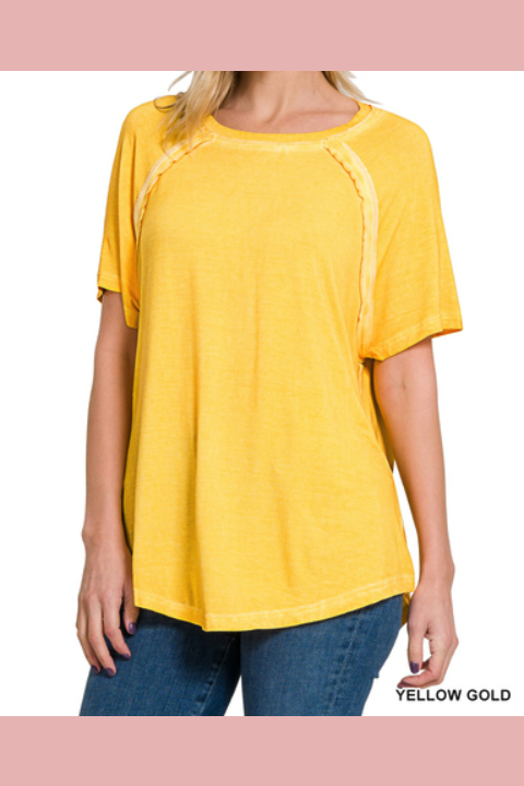 Vintage wash, raw hem short sleeve top in Golden yellow. 