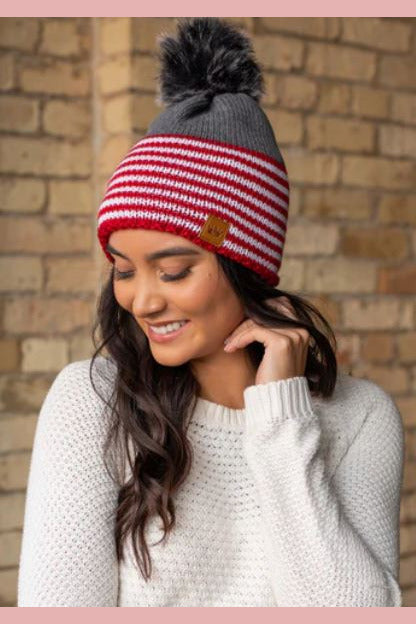grey and red striped beanie