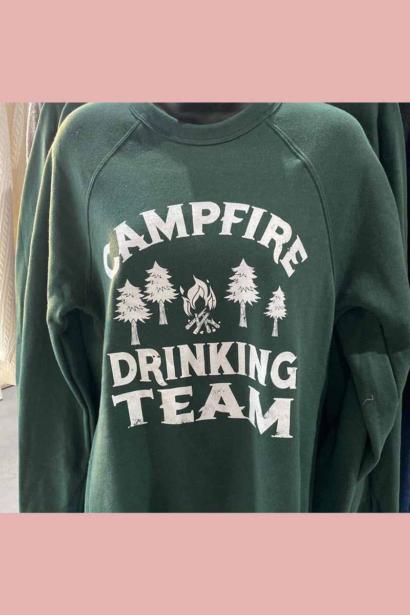 Bella Canvas forest green crewneck with Campfire drinking team.