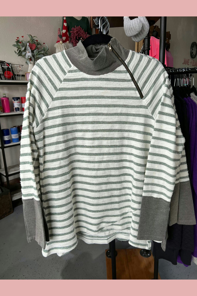 Hunter green and ivory striped lightweight long sleeve top.
